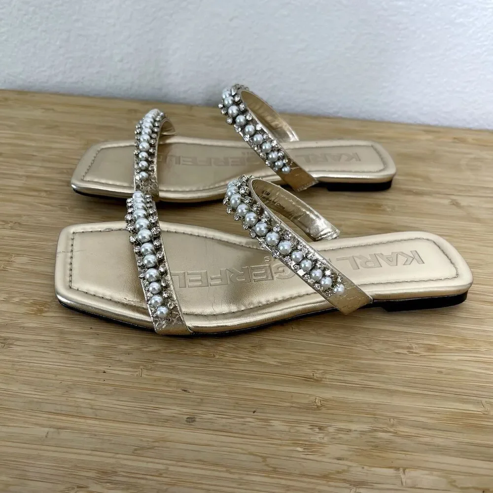 Karl Lagerfeld Paris Sandals Size 6.5M Rhinestone Payzlee Slip On Slide Shoes